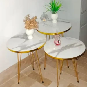 YES TO DECOR High Gloss White Marble End Tables Round Wood Sofa Side Coffee Tables for Small Spaces Table with Metal Legs for Bedroom, Living Room, Office, Balcony