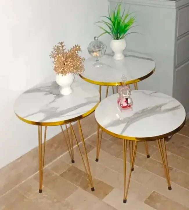 YES TO DECOR High Gloss White Marble End Tables Round Wood Sofa Side Coffee Tables for Small Spaces Table with Metal Legs for Bedroom, Living Room, Office, Balcony