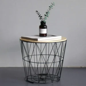 METALLO METAL WIRE REMOVABLE WOOD TOP FOLDABLE ROUND COFFEE SIDE TABLE STORAGE BASKET ONE PICE