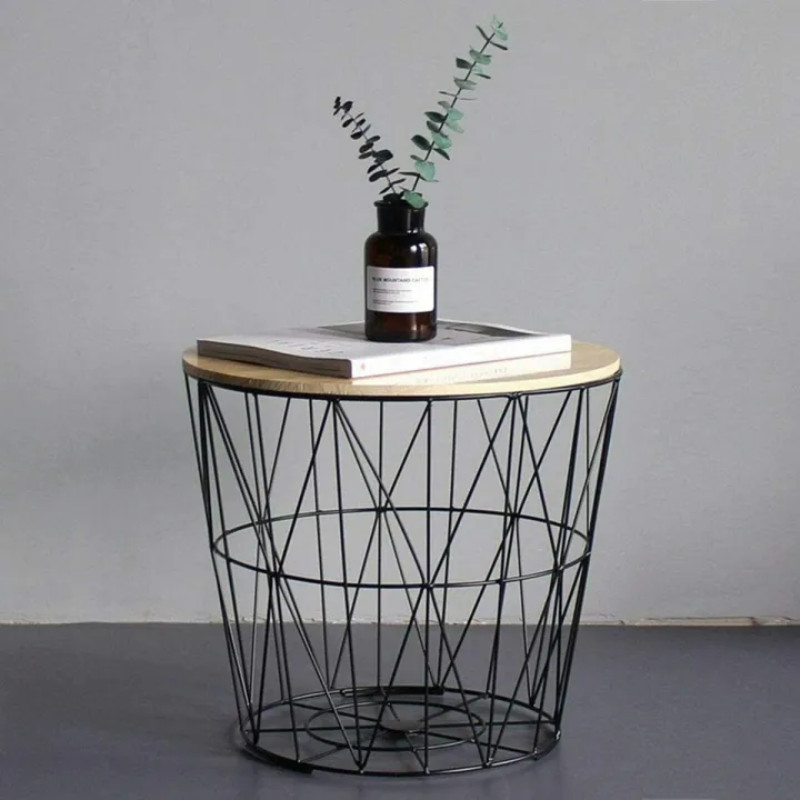 METALLO METAL WIRE REMOVABLE WOOD TOP FOLDABLE ROUND COFFEE SIDE TABLE STORAGE BASKET ONE PICE